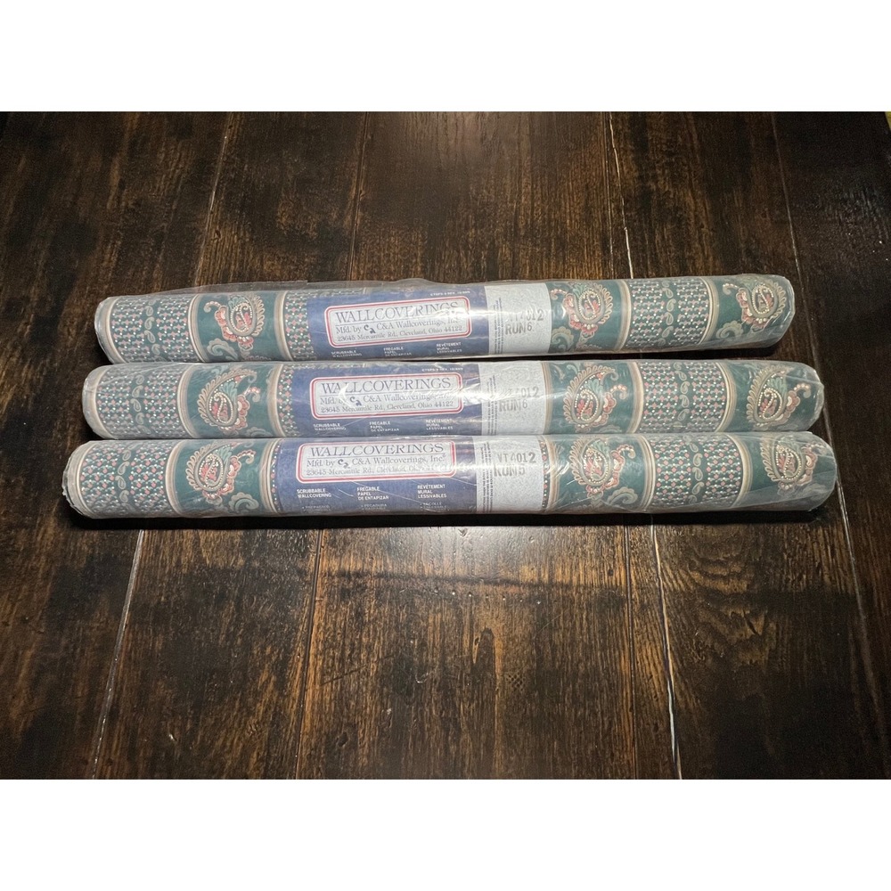3 Rolls VTG 90s C&A Wallcoverings VT4012 Teal Paisley Floral Wallpaper Bolts NOS